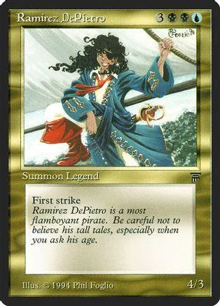 Pirate character with dark curly hair in blue coat, holding rope, on collectible card.