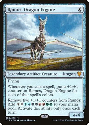 Dragon creature card, brown and white, on a blue and white border.