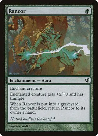 Green and brown fantasy scene on a Magic: The Gathering card titled "Rancor.