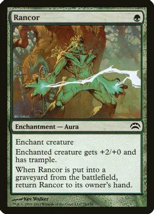 Green, monstrous figure in forest setting on a Magic: The Gathering card.