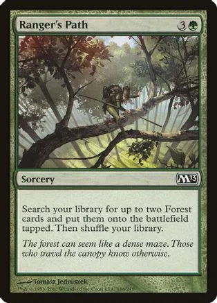 Green forest scene on a Magic: The Gathering card, Ranger's Path.