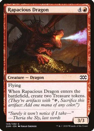 Red dragon creature card art, dark fantasy scene, black and orange tones.