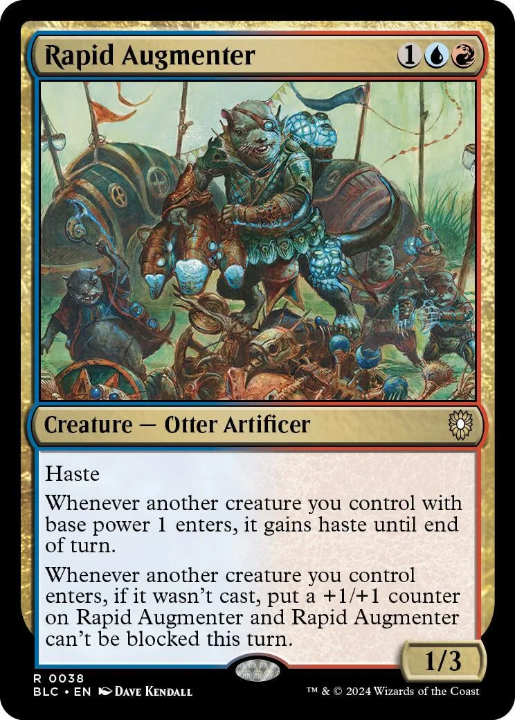 Otter creature on horseback in a fantasy scene, printed on a trading card.