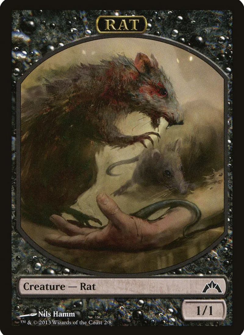 Dark, furry rat creature in hand, brown and gray tones, Magic: The Gathering card.