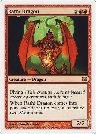Red and black dragon creature card art, showing a fierce dragon with large wings.