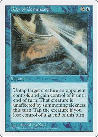 Blue and white Magic: The Gathering card, Ray of Command, showing a shadowy figure.