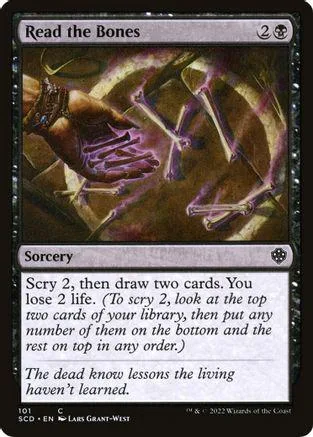 Magic: The Gathering card, "Read the Bones," dark purple and gold art.
