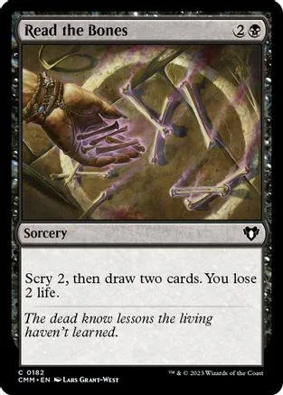 Magic: The Gathering card, "Read the Bones," dark purple and gold art.