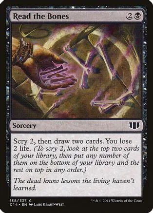 Purple and gold magic spell card, "Read the Bones," in a protective sleeve.
