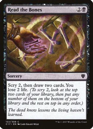 Purple and gold fantasy art card, "Read the Bones," in a protective case.