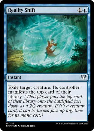 Blue and green magic card art showing figure in swirling light.