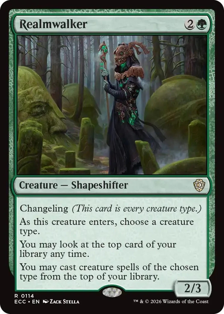 Dark figure with staff in forest setting on Realmwalker Magic card.