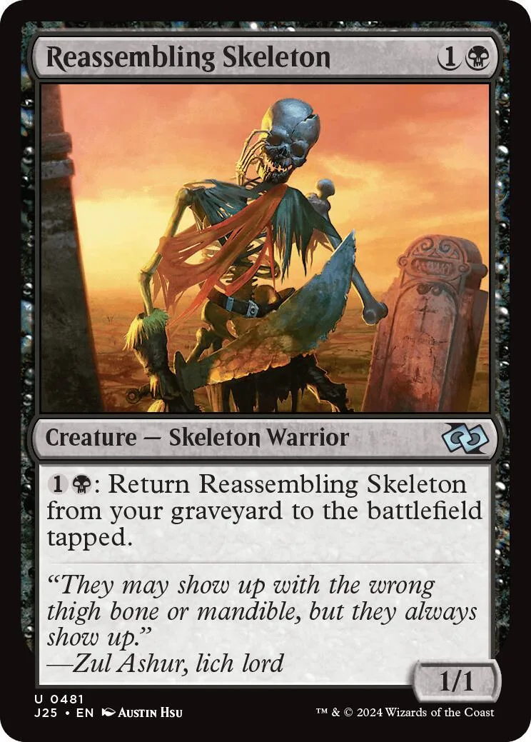 Skeleton warrior card art, orange sky background, black and orange tones.