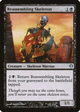 Skeleton warrior with red cloak on orange background. Magic: The Gathering card.