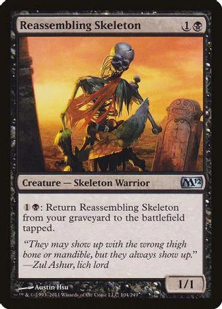 Skeleton warrior with orange and black cloak against sunset. Magic: The Gathering card.