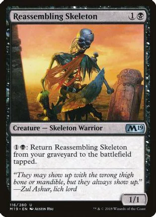 Skeleton warrior with orange and blue hues on a card.