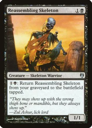 Skeleton warrior with tattered cloak against orange sunset. Magic: The Gathering card.