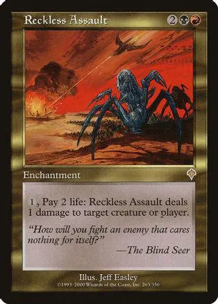 Dark, monstrous creature on a fiery landscape on a Magic: The Gathering card.