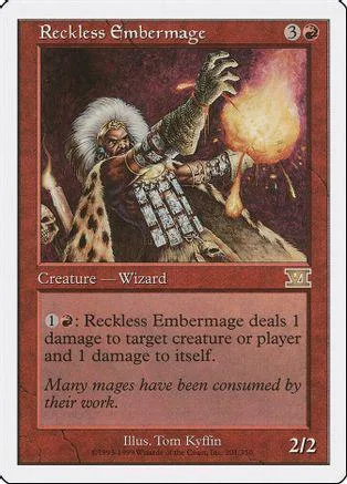 Wizard character with fiery magic on a trading card.