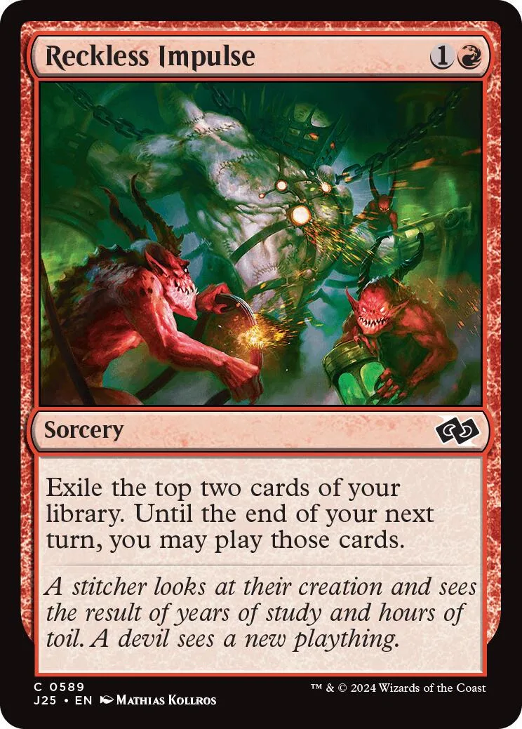 Magic: The Gathering card, Reckless Impulse, featuring red creatures in a dark, green forest.