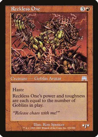 Green goblin avatar creature card art, brown border, showing chaotic scene.