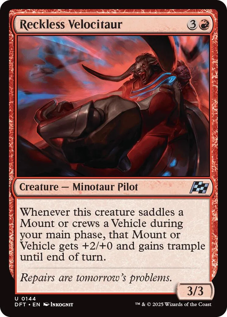 Minotaur pilot creature card, dark red and black artwork, 3/3 stats.