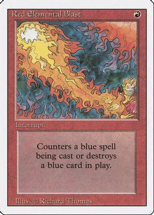 Red Elemental Blast card art shows yellow and orange flames against blue waves.