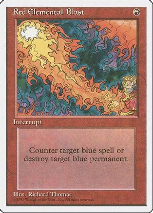Fire and water clash on a Magic: The Gathering card. Red and blue colors.