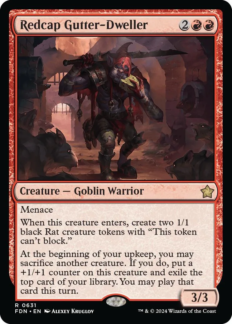Goblin warrior card art, dark tones, black and red accents, 3/3 stats visible.