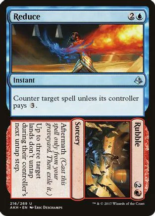 Blue and black Magic: The Gathering card, "Reduce," in a protective sleeve.