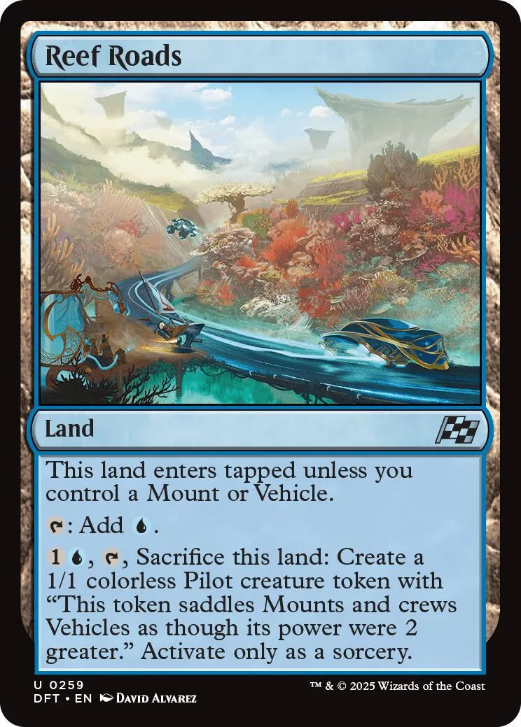 Blue and green landscape Magic: The Gathering card, Reef Roads, Land type.