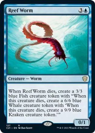Red and white reef worm creature card art in blue frame.