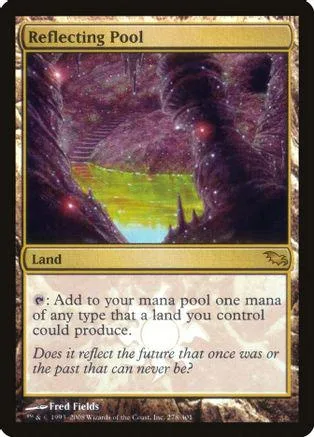 Magic: The Gathering card, "Reflecting Pool," dark purple and green landscape art.
