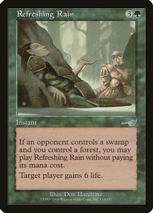 Green landscape scene with a figure reclining; card text describes effect.