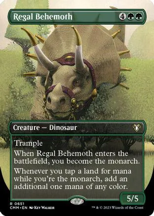 Large, horned dinosaur creature card, brown and green, showing a powerful beast.