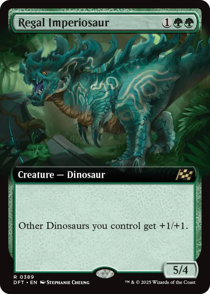 Blue and green dinosaur creature card, Regal Imperiosaur, in standard card frame.