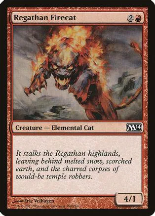 Fiery, snarling cat creature card art, dark background, M14 set symbol.