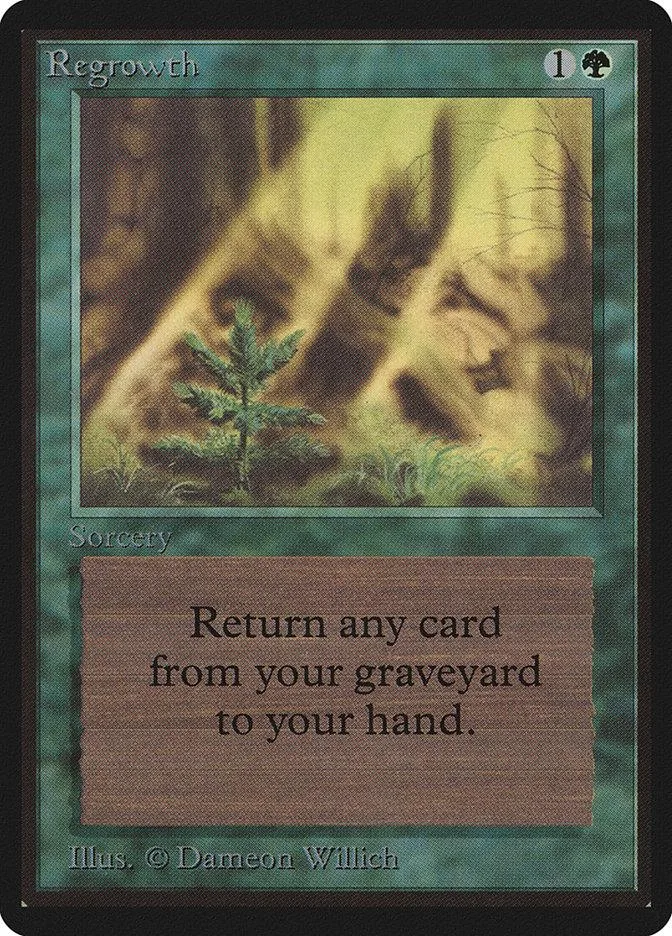 Magic: The Gathering card, "Regrowth," featuring a blurry forest scene.