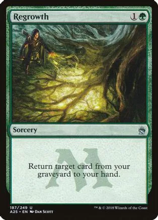 Green card art depicts a figure in a dark, glowing forest. Text reads "Return target card from your graveyard.