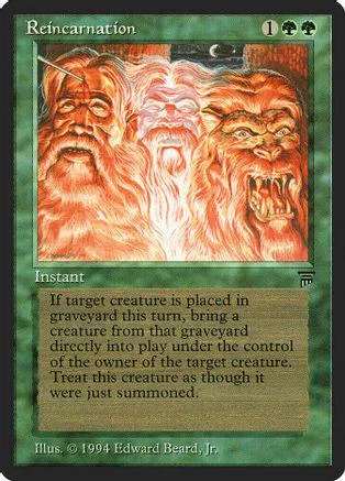 Three bearded, fiery-red figures on a green Magic: The Gathering card.