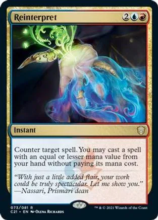 Green and blue magical creature on a card with "Reinterpret" text.