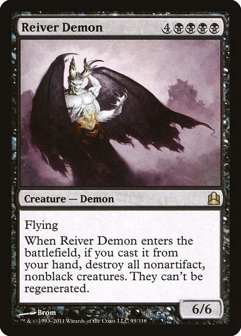 Black winged demon creature card with white and gold accents.