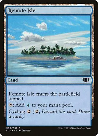 Blue and green landscape card showing tropical island in water. Land type.
