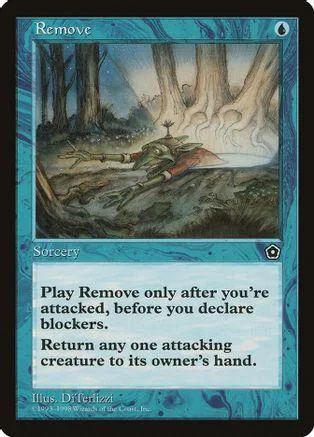 Blue and green fantasy scene on a Magic: The Gathering "Remove" card.