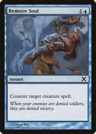 Blue and gray fantasy art card, "Remove Soul," instant speed, text visible.