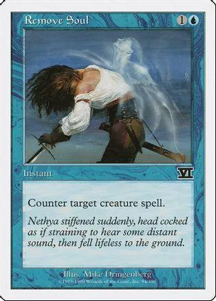 Dark-haired figure with white spectral form on blue card. Text box below.