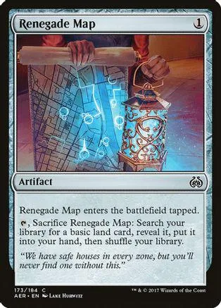 Map artifact card, blue and white artwork, showing a rolled map and lantern.