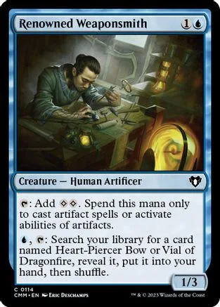 Man forging metal in workshop, dark tones, card art.