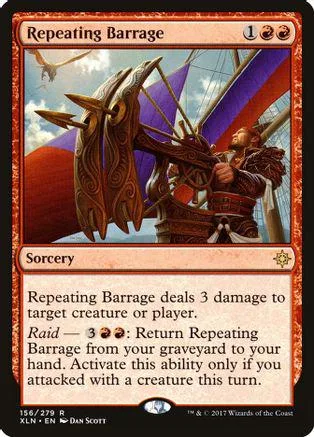 Magic: The Gathering card, Repeating Barrage, featuring a ship battle scene.