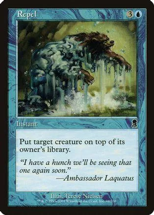 Blue and white card featuring a monstrous, dripping creature. Text reads: "I have a hunch...